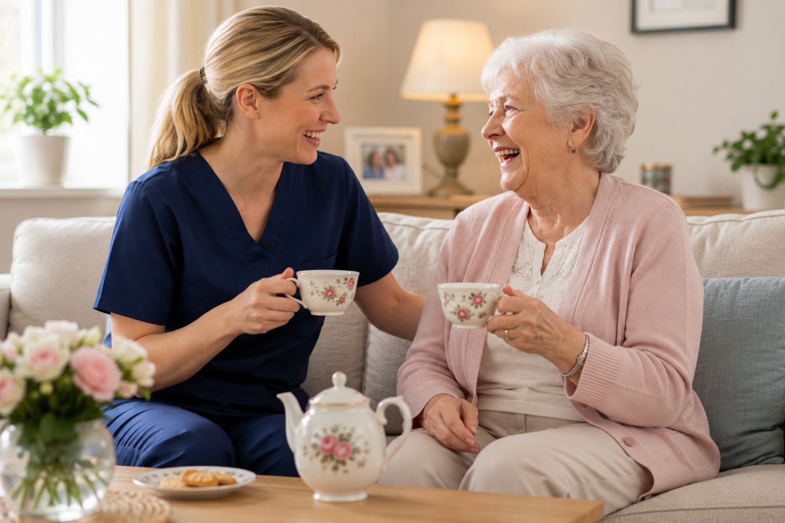 Caregiver and client sharing tea