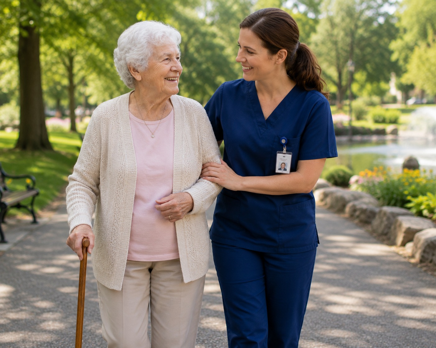 Caregiver and client on a walk together