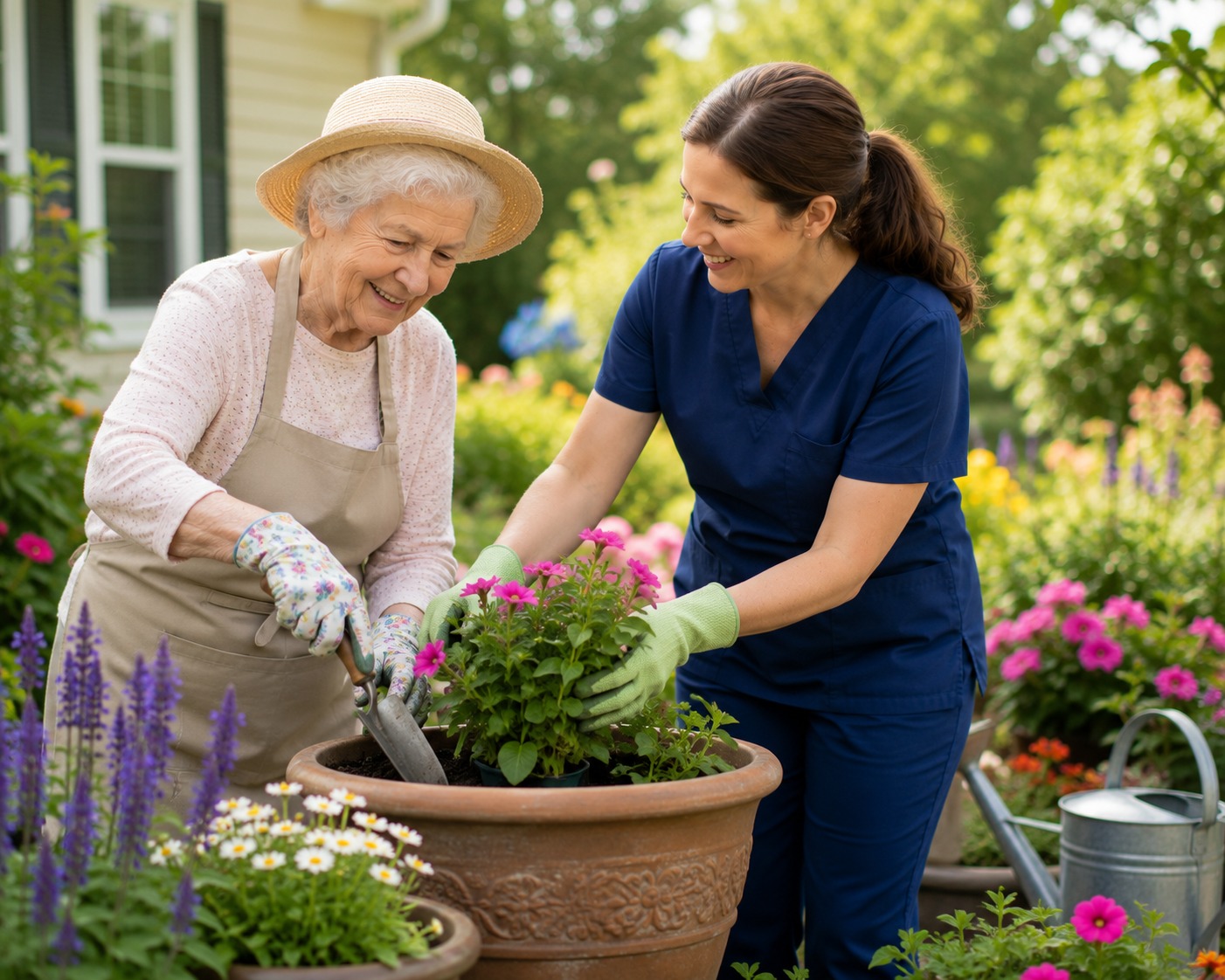 Caregiver gardening with an elderly client